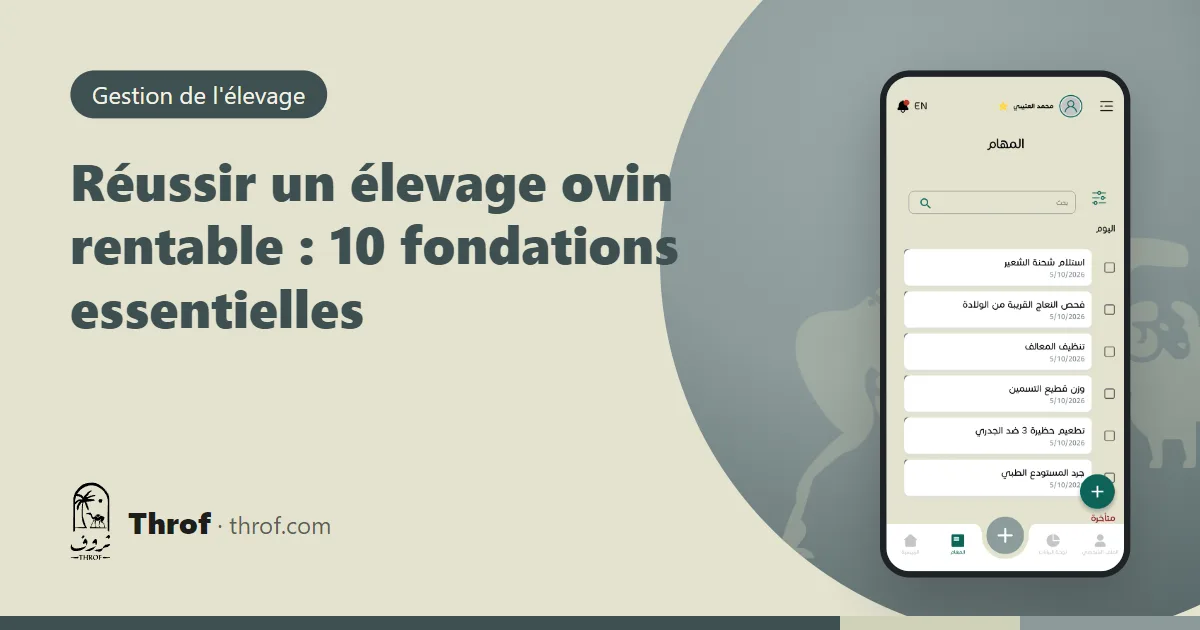 Un éleveur inspecte une bergerie bien organisée dans un élevage ovin rentable — Throf
