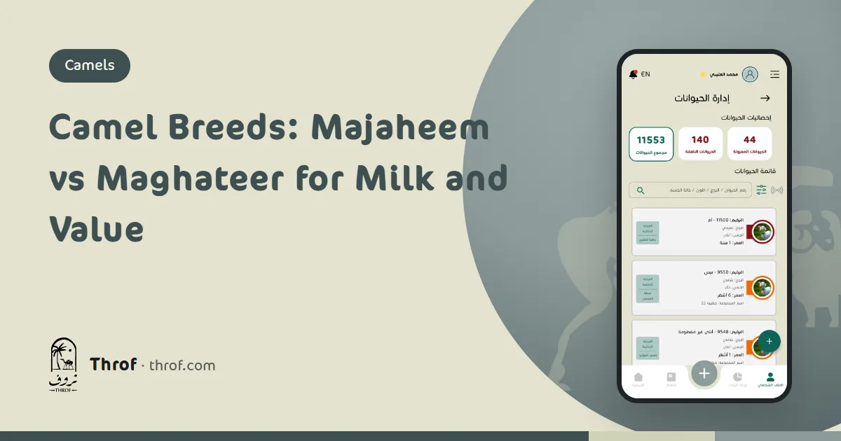 Black Majaheem and white Maghateer camels compared — Throf