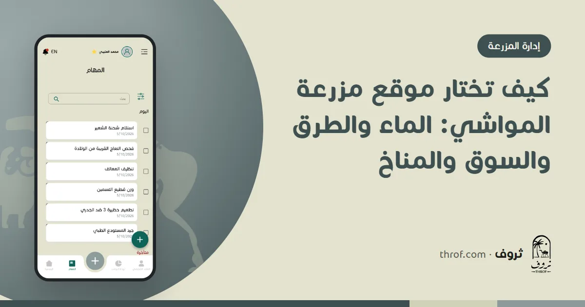 مربٍّ يعاين أرضاً لمزرعة أغنام قرب طريق ومصدر ماء — ثروف