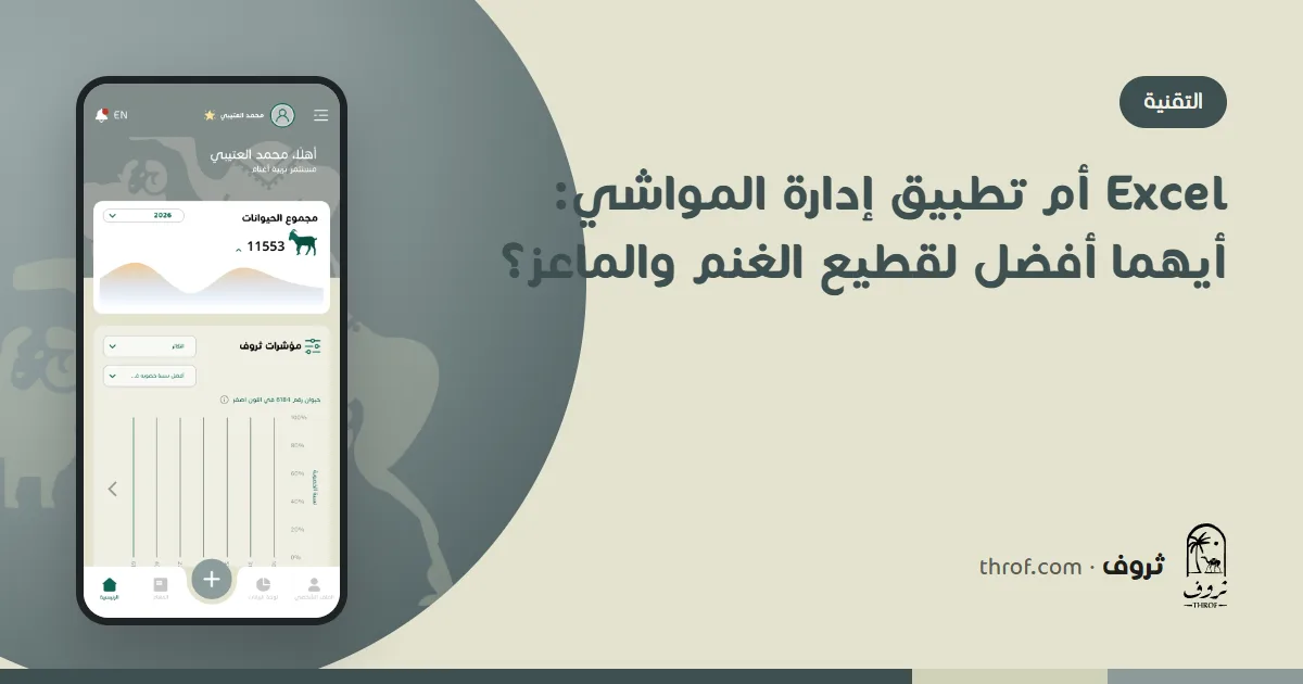 Excel أم تطبيق إدارة المواشي: جدول بيانات على حاسوب بجانب جوال يعرض ملف رأس — ثروف