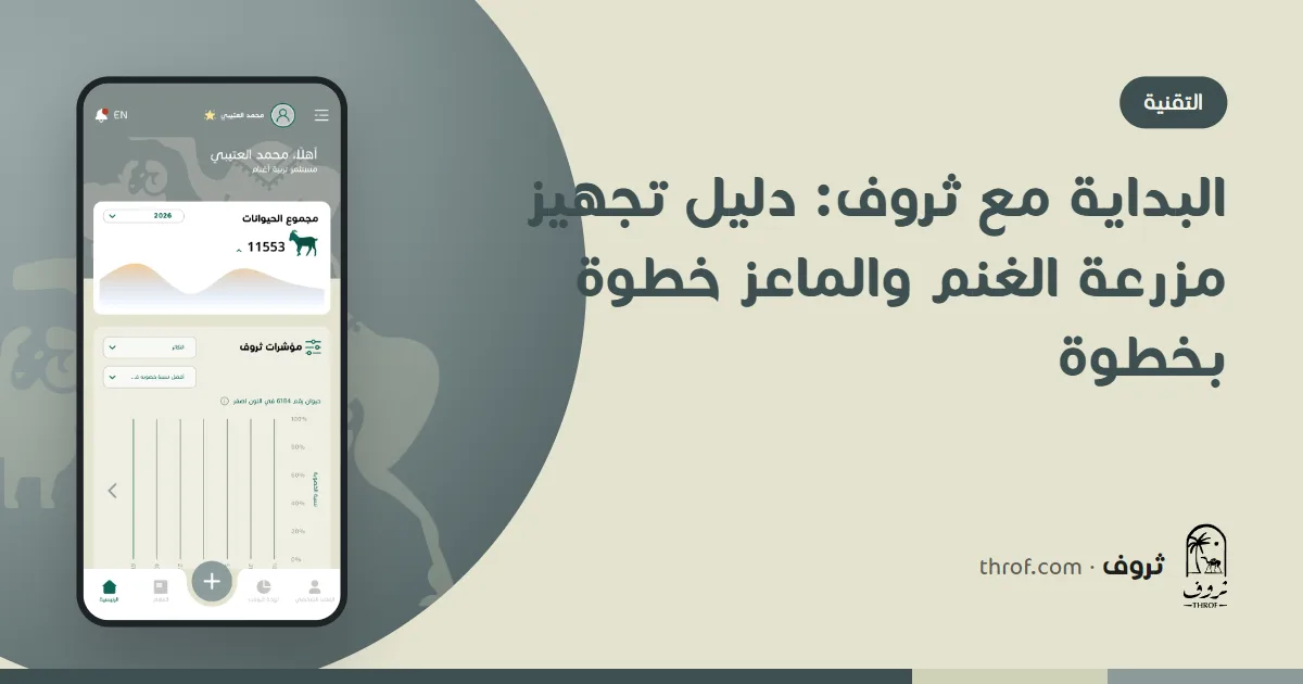 البداية مع ثروف: مربٍّ يسجل غنمه وماعزه من الجوال داخل الحظيرة — ثروف