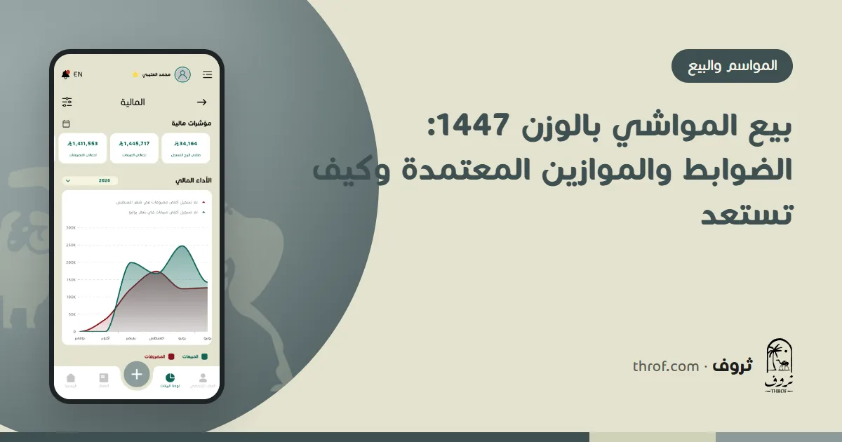 بيع المواشي بالوزن 1447: خروف على ميزان إلكتروني بشاشة وفاتورة مطبوعة في سوق الماشية — ثروف