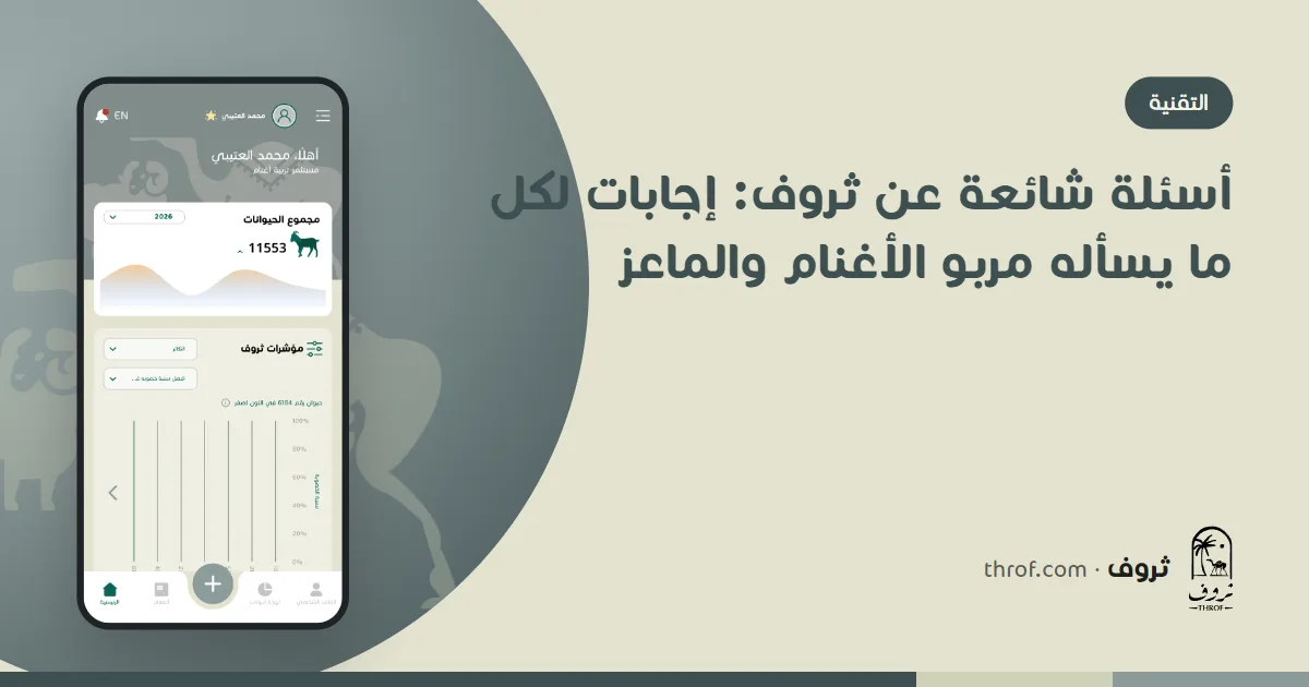 أسئلة شائعة عن ثروف: مربٍّ يراجع ملفات غنمه وماعزه على الجوال داخل الحظيرة — ثروف