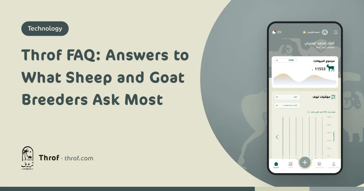 Throf FAQ: a breeder checking sheep and goat records on his phone inside the pen — Throf