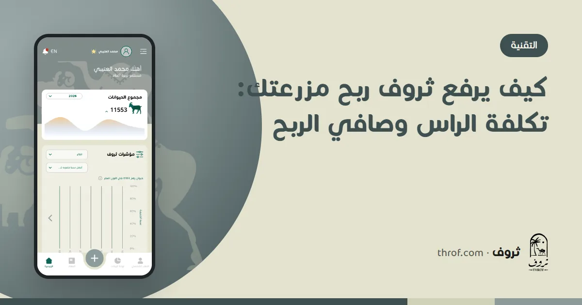 كيف يرفع ثروف ربح مزرعتك: لوحة تكلفة الراس وصافي الربح على الجوال بجانب أكياس علف — ثروف