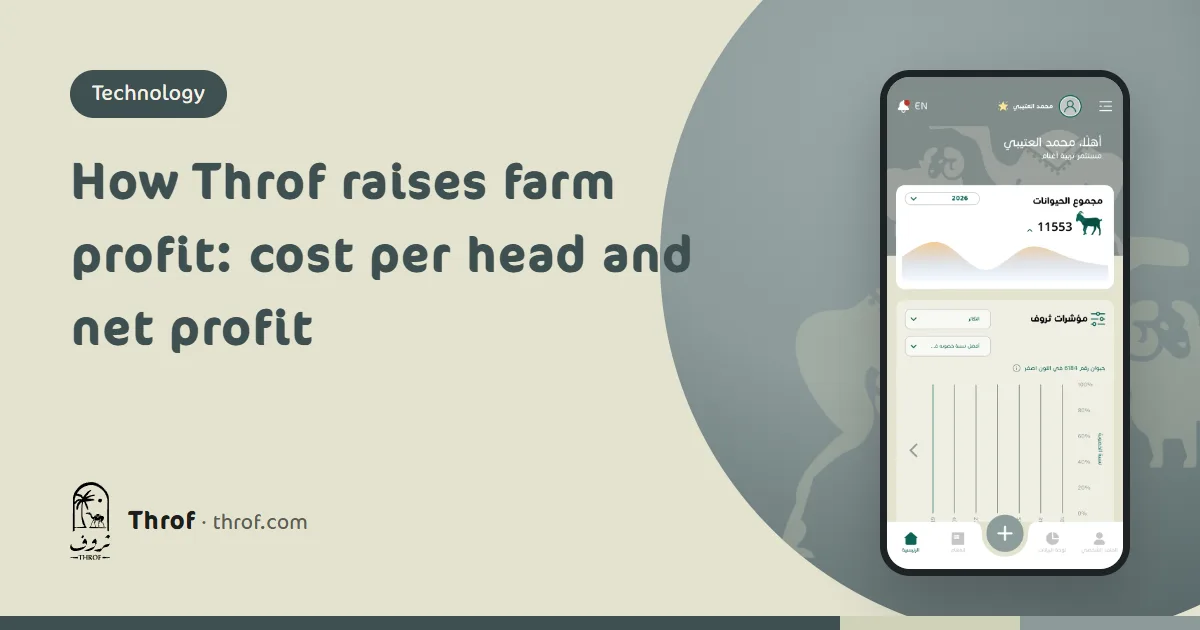 How Throf raises farm profit: a cost-per-head and net-profit dashboard on a phone next to feed sacks — Throf