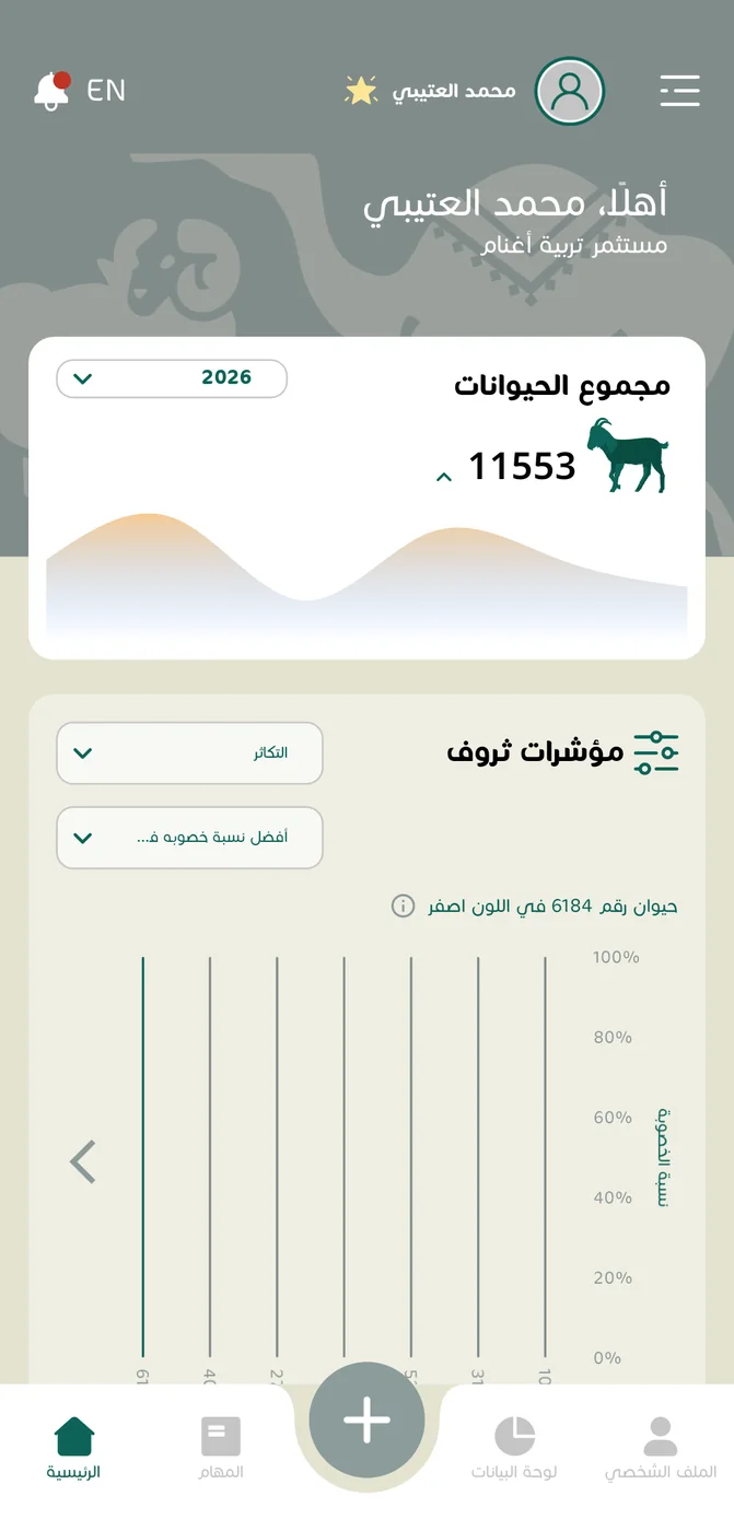 شاشة ثروف الرئيسية: مجموع الحيوانات، مؤشرات القطيع، ومهام اليوم