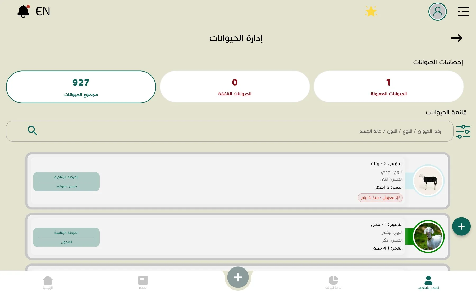 منصة ثروف على الويب: إحصائيات الحيوانات وقائمتها مع البحث والفلترة